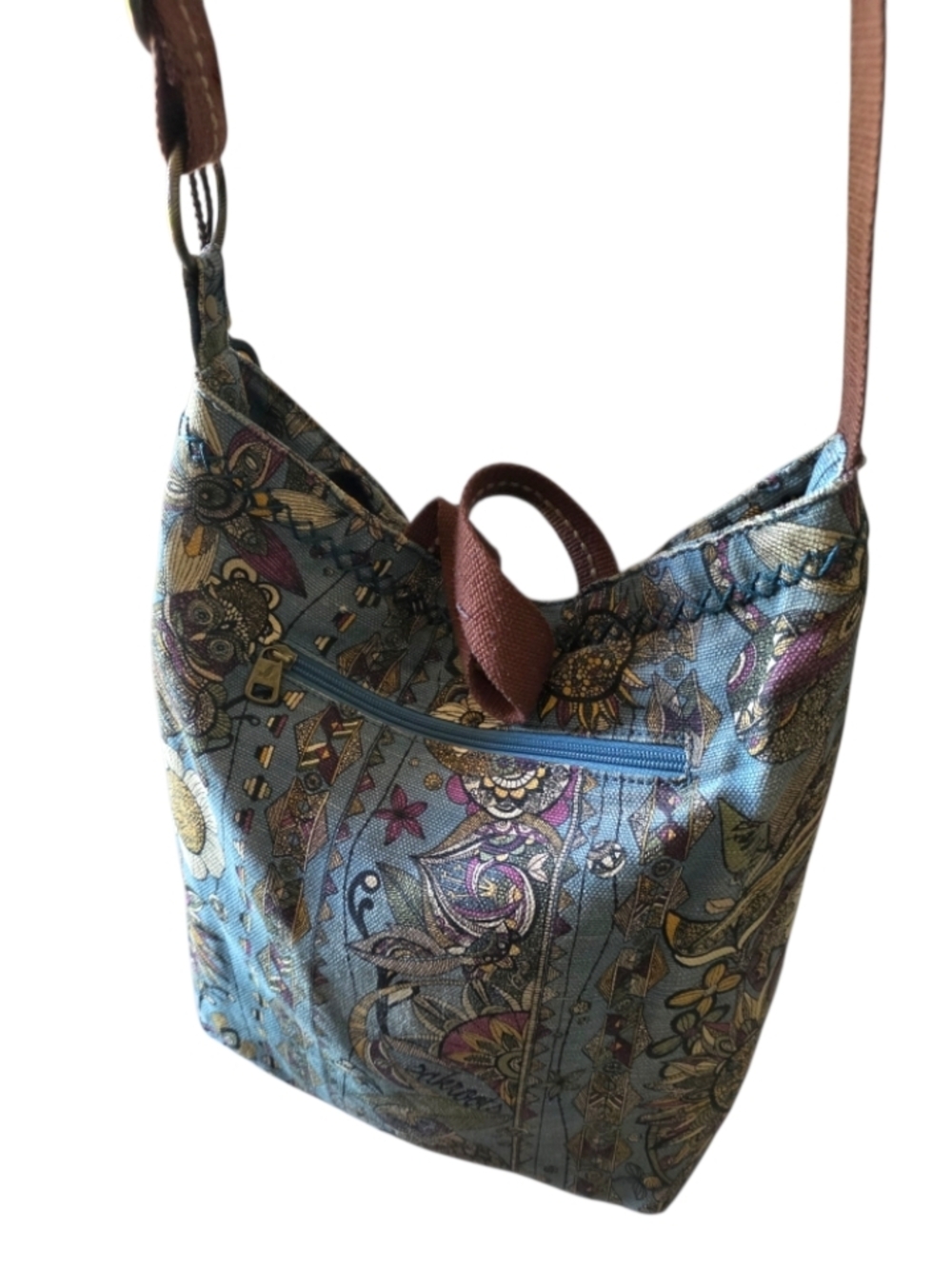 Sak Roots Stylish Floral Owl Canvas Pattern Crossbody Bag in Blue Boho Hippie